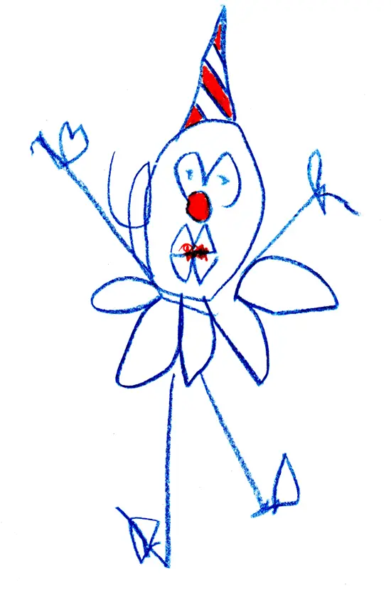Dessin bleu et rouge de MIMI the ClowN représentant un bonhomme bâton expressif, inspiré des dessins d’enfants.