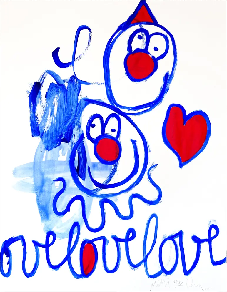 Œuvre de MIMI the ClowN représentant deux personnages aux nez rouges, un cœur rouge et le mot “velovelovelovelo” peint à la main en bleu et rouge, sur fond blanc.