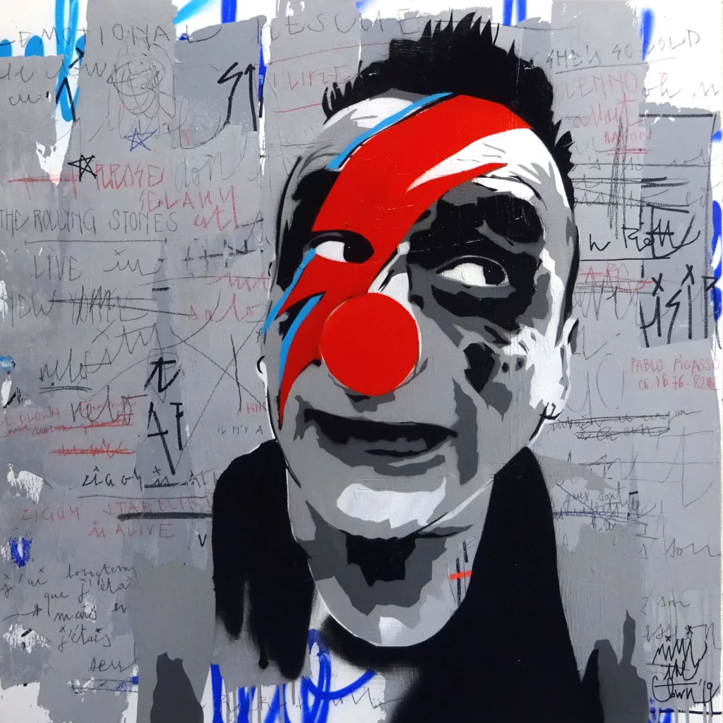 Peinture de MIMI the ClowN inspirée par Ziggy Stardust et l’univers de David Bowie, montrant un personnage au nez rouge traversé par un éclair rouge et bleu sur fond de graffitis.