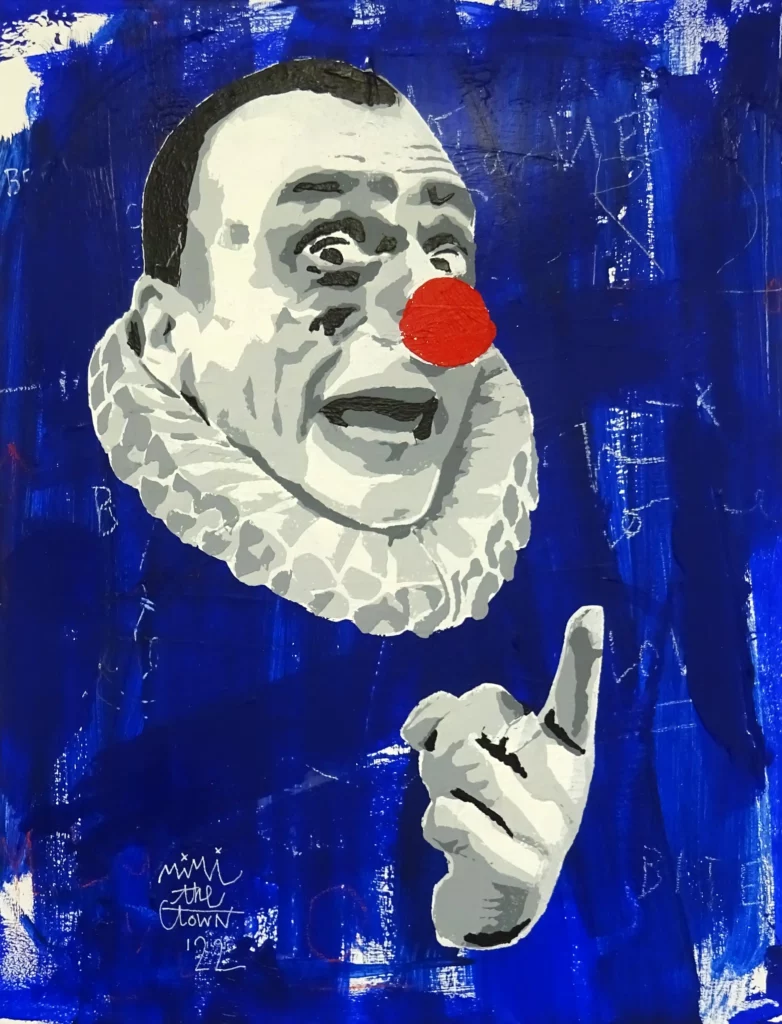 Peinture de MIMI the ClowN inspirée d’une œuvre du Rijksmuseum, représentant un personnage au nez rouge et col Renaissance sur fond pictural bleu intense.