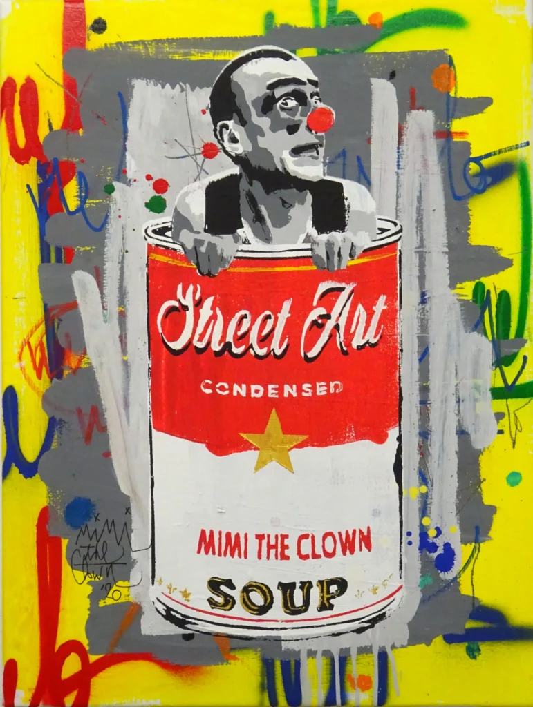 Peinture de MIMI the ClowN détournant les soupes de Warhol, montrant un personnage au nez rouge émergeant d’une boîte de “Street Art Soup” sur un fond graffiti jaune.
