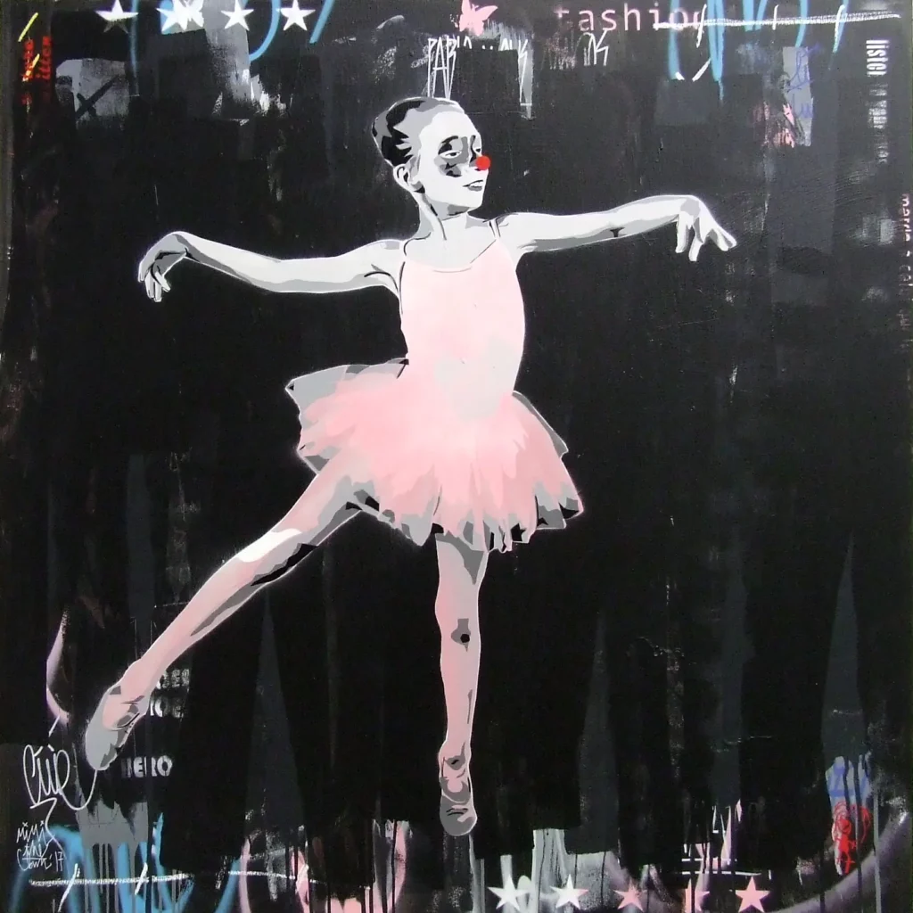 Peinture street art de MIMI the ClowN représentant sa fille Isabella en ballerine, pointes en l’air, robe rose sur fond noir.
