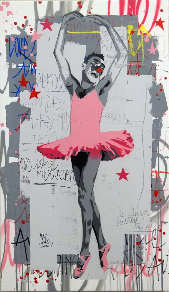 Peinture de MIMI the ClowN représentant un personnage au nez rouge dans un tutu rose, en position de danse classique, sur un fond de graffitis, étoiles et inscriptions urbaines.
