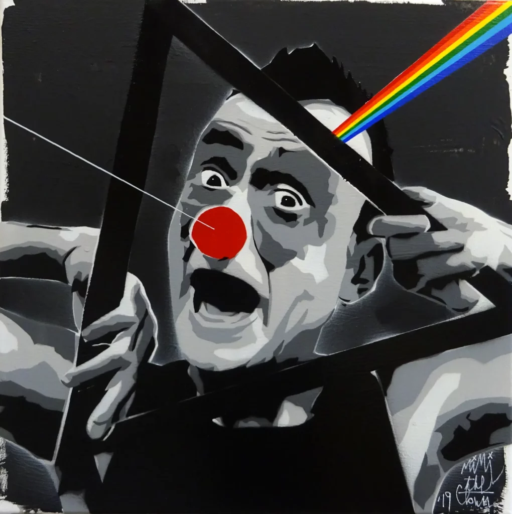 Peinture de MIMI the ClowN représentant un personnage au nez rouge traversé par un prisme arc-en-ciel, clin d’œil à l’esthétique de l’album The Dark Side of the Moon des Pink Floyd.