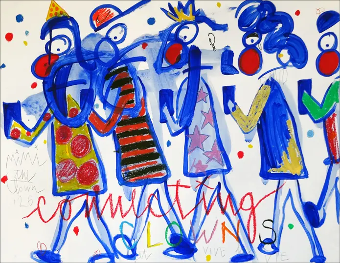 Personnages clownesques connectés par des smartphones, dessin à la craie grasse et acrylique issu de la série Écran Total