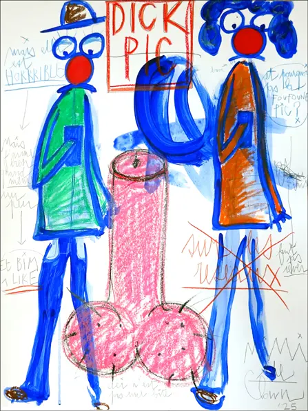 Deux personnages clownesques encadrant un dessin phallique central, œuvre critique intitulée Dick Pic de la série Écran Total par MIMI the ClowN