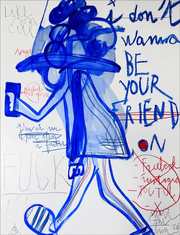 Personnage clownesque marchant en regardant son smartphone, entouré de mots barrés évoquant les réseaux sociaux, dessin de la série Écran Total