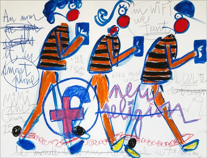 Personnages clownesques marchant en file en regardant leur smartphone, symbole de réseau social au centre, dessin de la série Écran Total