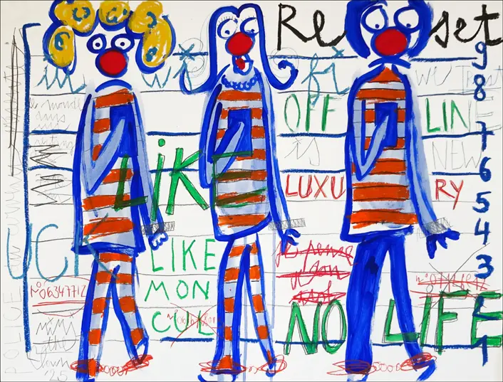 Trois personnages clownesques en tenue rayée, alignés devant un mur de mesures comme des prisonniers, absorbés par leurs smartphones, œuvre de la série Écran Total