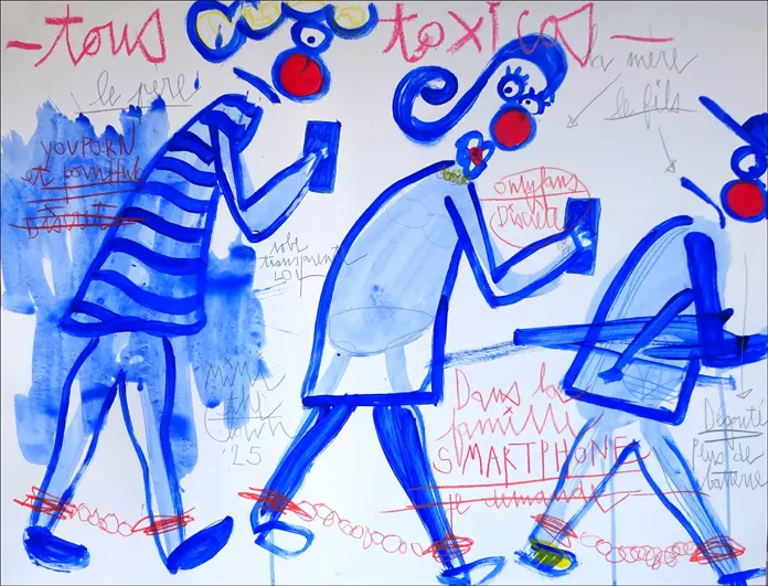 Personnages clownesques dépendants au smartphone, dessin à la craie grasse et acrylique issu de la série Écran Total