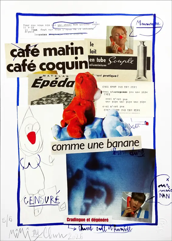 Collage contemporain sur papier A3 mêlant imagerie publicitaire vintage, références sexuelles suggérées, dessins de clown et citations artistiques sur l’image et le désir.
