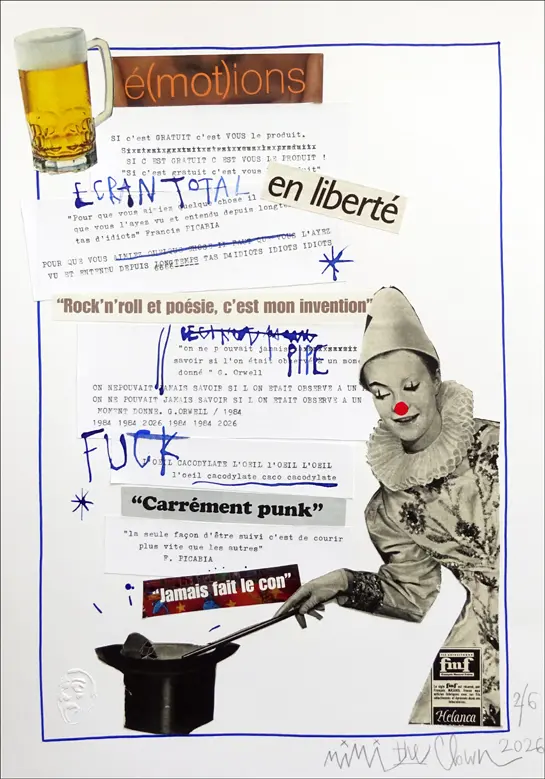 Collage contemporain sur papier A3 avec clown sortant des phrases d’un chapeau, citations sur le contrôle, la liberté et les médias, mêlant typographie et dessins à l’encre.