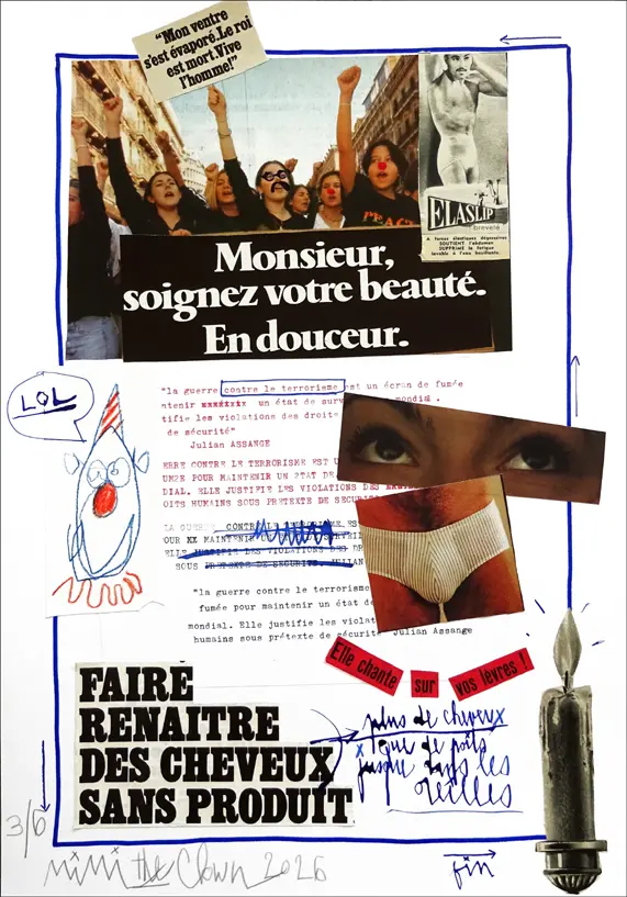 Collage contemporain sur papier A3 mêlant images publicitaires, figures masculines, symbole du temps avec une bougie et textes critiques sur l’image et la manipulation.