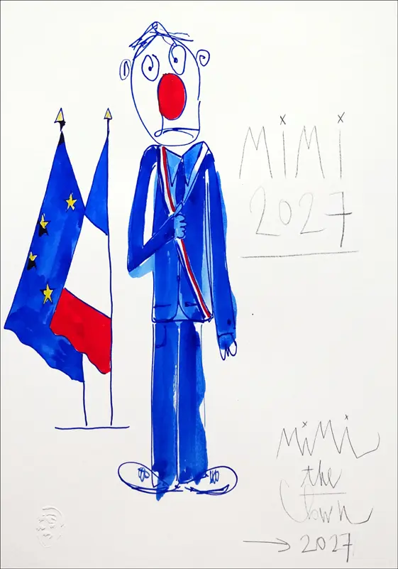 Dessin représentant MIMI the ClowN candidat à l’élection présidentielle de 2027, la main sur le cœur devant les drapeaux français et européen, dans une posture inspirée des portraits officiels présidentiels.